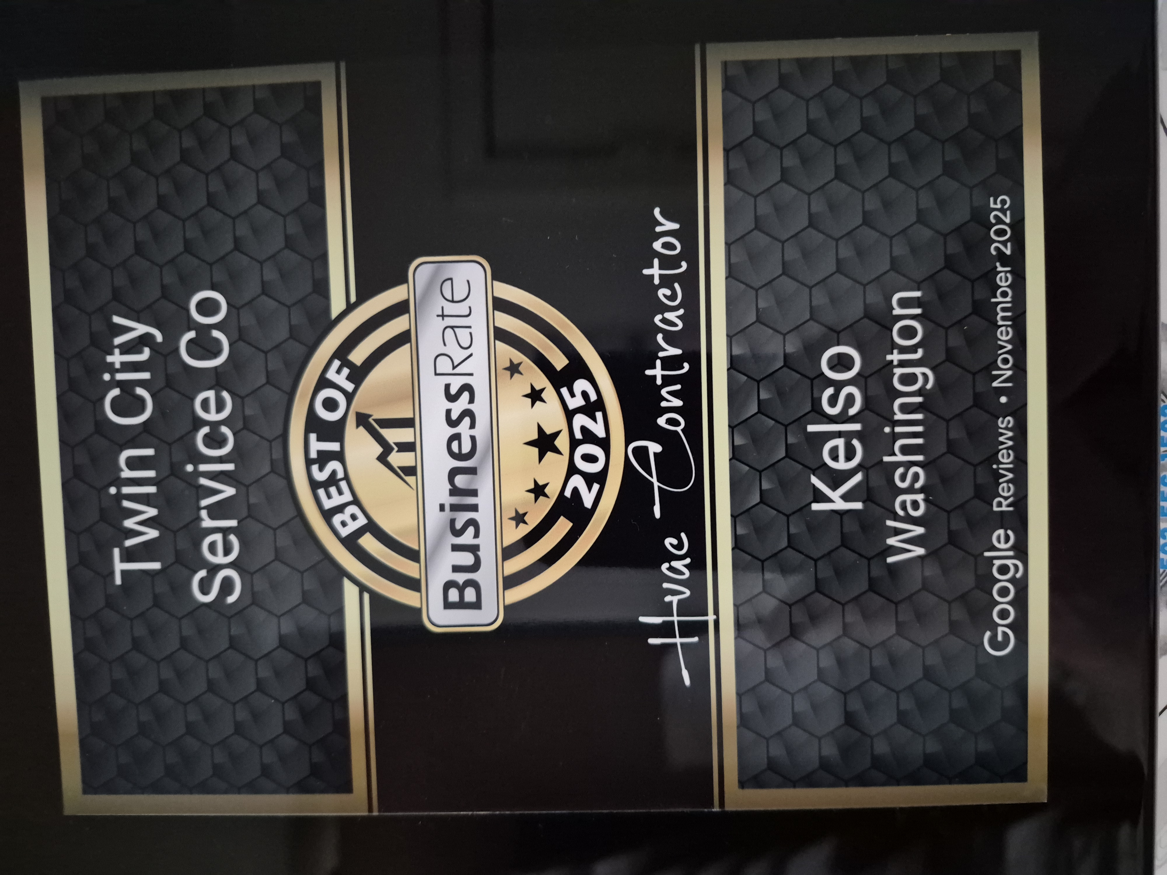 Best of BusinessRate 2025 HVAC Contractor award &mdash; Twin City Service Co., Kelso, Washington (Google Reviews)